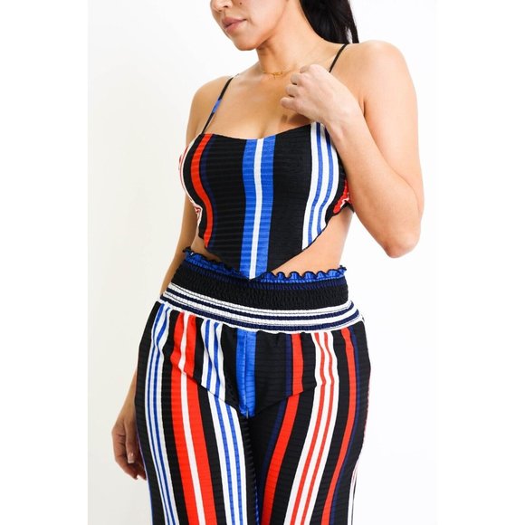 Tops - Women's Vertical Stripe Back Tie Sleeveless Crop Top and Pants Outfit Set